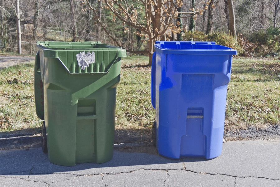 green trash bin and blue recycling bin on the street 